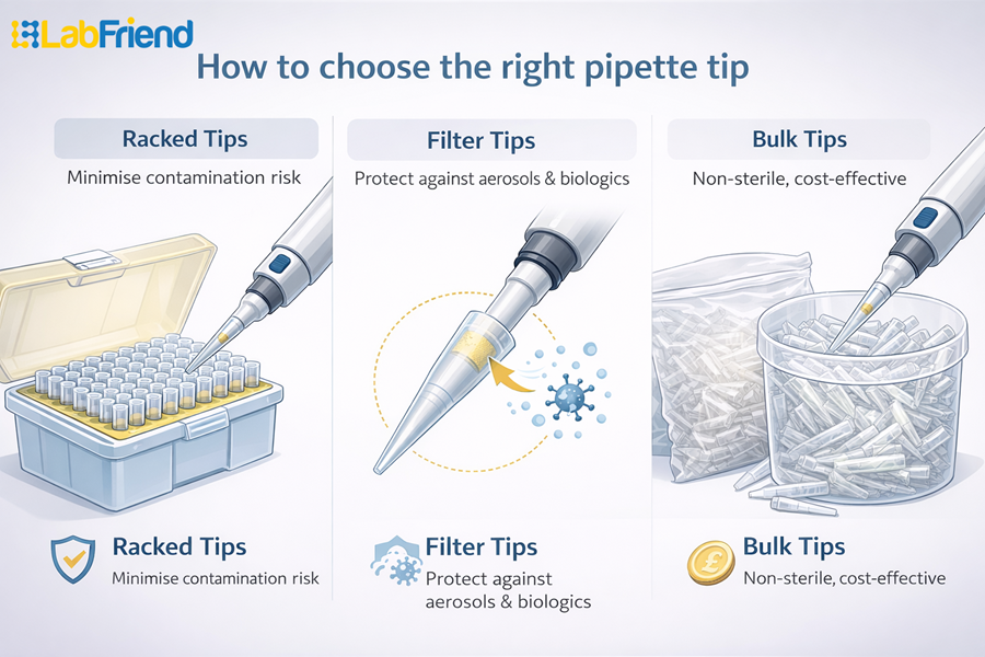 Infographic guide on how to choose the right pipette tip featuring racked tips for low contamination, filter tips for aerosol protection, and non-sterile bulk tips for cost-effective lab workflows